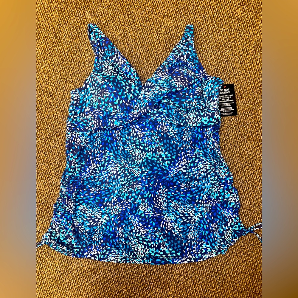 NEW Swim 365 Ruched Tie Sides Tankini Top Surplus Neck Blue Multi 22 NEW W TAG